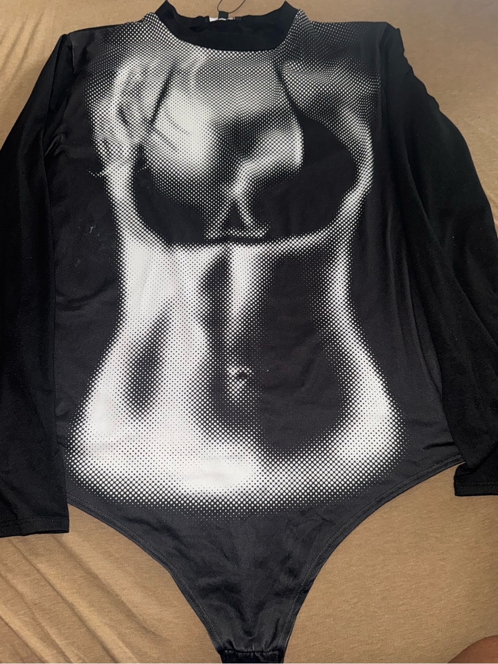 Fashion Nova Black Long-Sleeve Graphic Bodysuit with White Torso Print